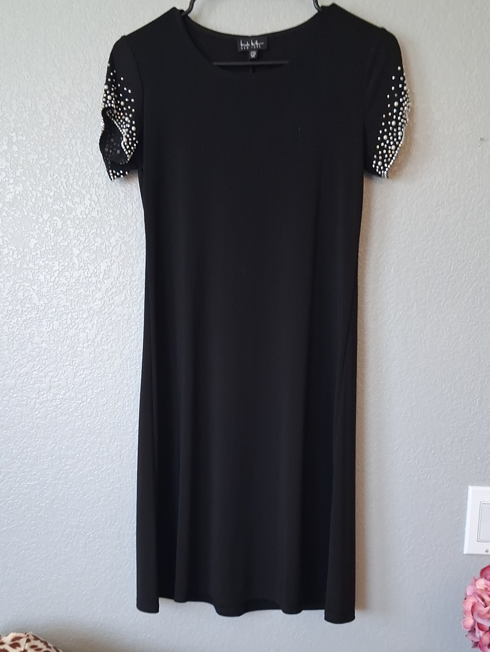 Nicole Miller Black Midi Dress with Beaded Short Sleeves